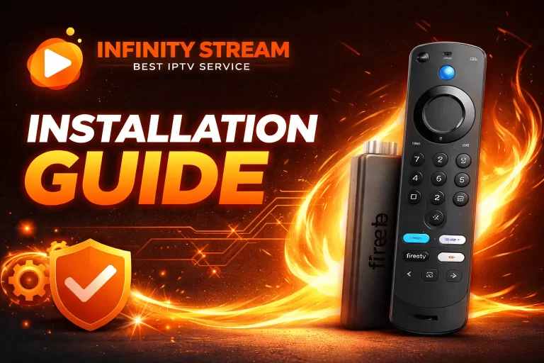Firestick IPTV setup guide banner showing Infinity IPTV installation on Amazon Fire TV device