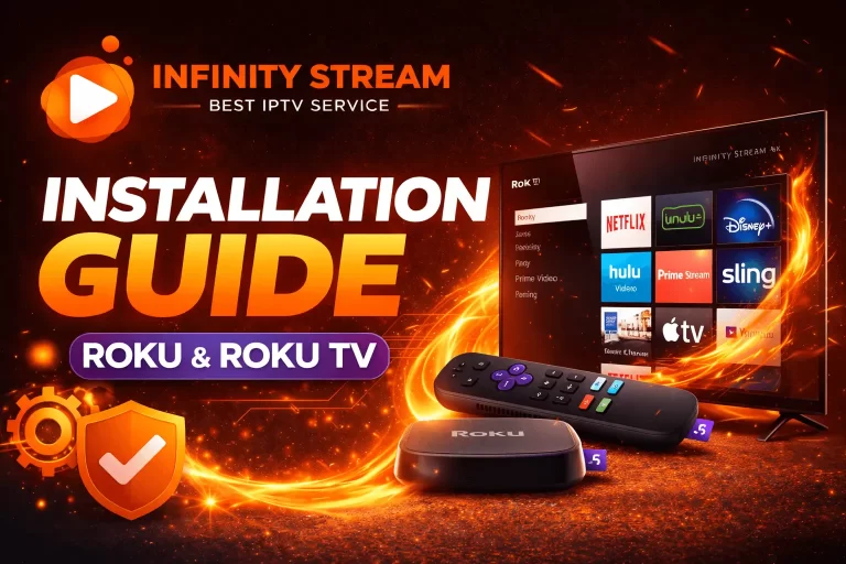 Roku IPTV setup guide showing Infinity IPTV installation on Roku and Roku TV screen