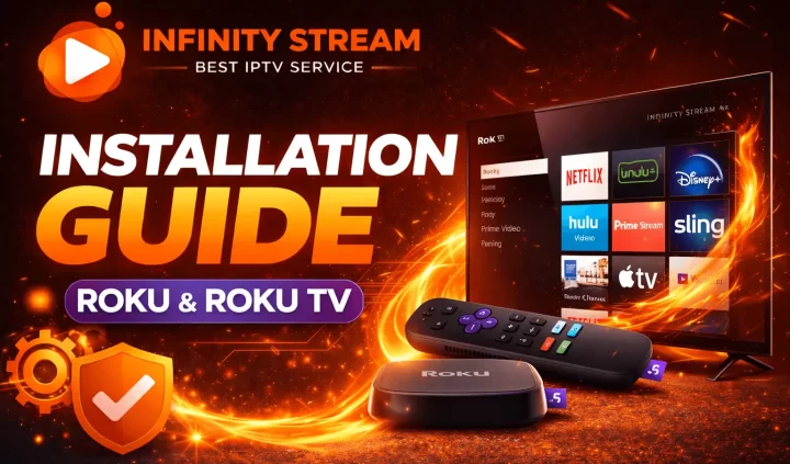 Roku IPTV setup guide showing Infinity IPTV installation on Roku and Roku TV screen